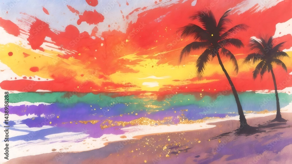 Aufkleber 水彩画の夕焼けビーチ風景 カラフルな空とヤシの木のシルエット 海辺の黄金の光と暖かい色合い