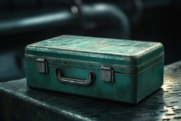 Dusty teal metal toolbox rests on a textured surface.