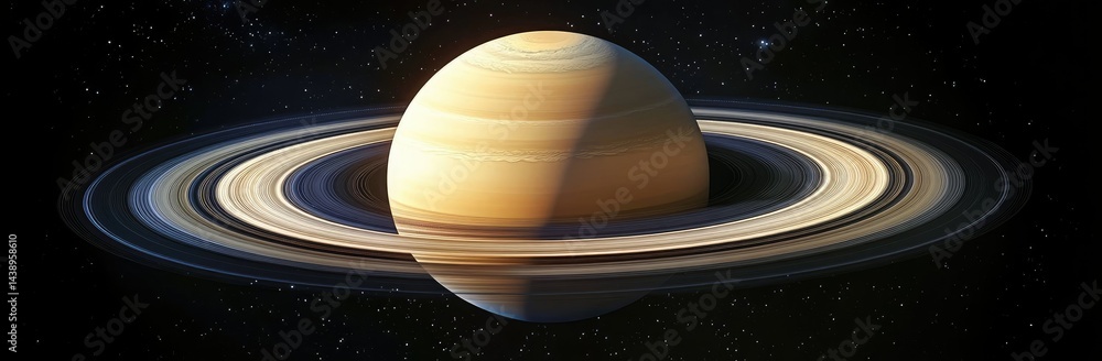 Poster a stunning view of a distant planet with rings. illuminated by a distant star. set against a backdro