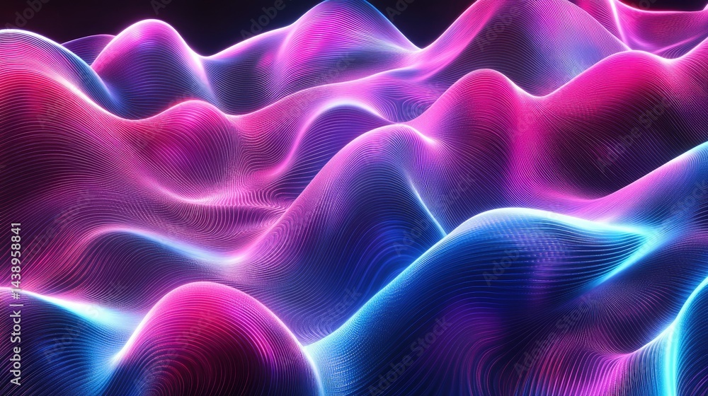 Poster a vibrant and dynamic abstract wave pattern showcasing flowing colors of pink. blue. and purple. cre