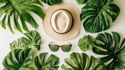 A stylish summer flat lay featuring a straw hat and sunglasses surrounded by lush green tropical leaves on a textured stone background. ideal for travel or fashion themes