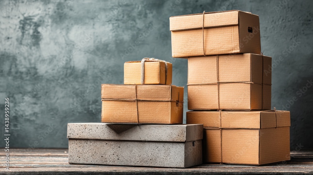 Poster neatly stacked cardboard boxes symbolizing organization and logistics in a business setting represen
