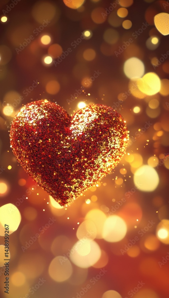Poster a pair of glittering hearts. one red and one gold. resting on a shimmering surface with a soft bokeh