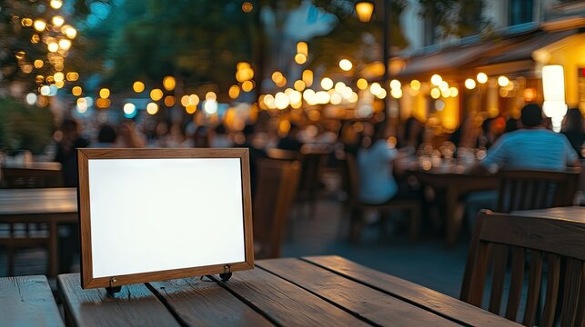 A serene evening in a bustling outdoor caf?. featuring an empty menu board on a wooden table. surrounded by twinkling lights and lively patrons enjoying their meals in the background