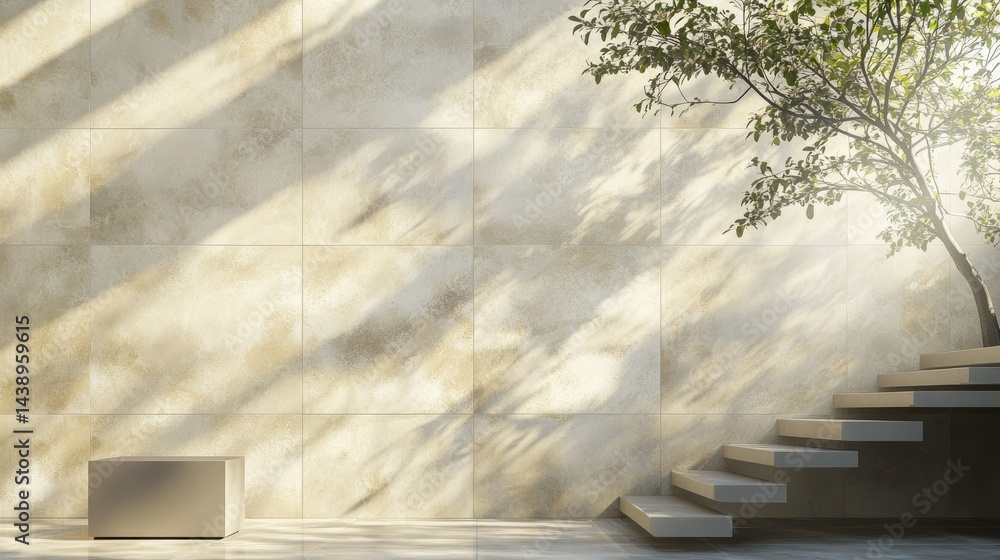 Poster a serene indoor space featuring a minimalist design with soft natural light casting shadows on textu
