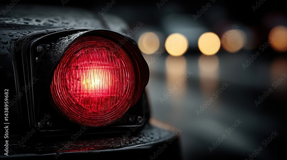 Poster bright red light on a car signifying a warning and indicating the importance of timing in late liqui