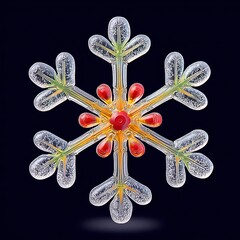 Intricate Glass Snowflake with Red and Yellow Center on Black Background