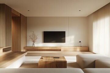 Fototapeta premium A modern, minimalist living room with white walls and wooden furniture, featuring an empty wall mockup for a TV and cabinet. The focus is on the large, flat-screen TV hanging above a sleek