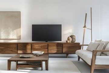 Fototapeta premium A modern, minimalist living room with white walls and wooden furniture, featuring an empty wall mockup for a TV and cabinet. The focus is on the large, flat-screen TV hanging above a sleek