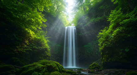 Scenic Waterfall Flowing in Lush Green Forest with Sunlight