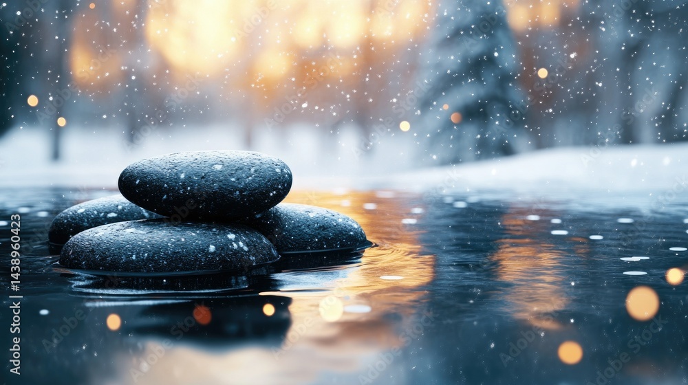 Poster serene view of smooth stones resting on a tranquil water surface. illuminated by soft bokeh lights i