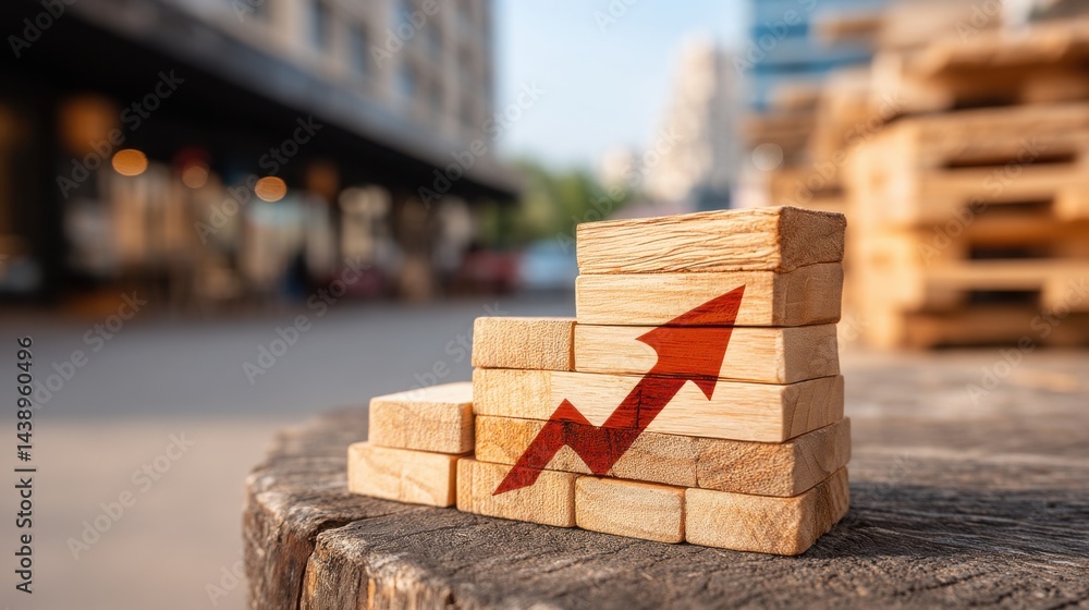 Poster a wooden block with a red arrow signifying market profile value area bounce icon concept for price r