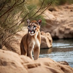 Potrait of exhausted Cougar looking for a water in the wild desert AI Generated Image