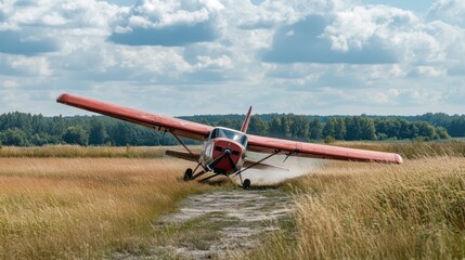 Light aircraft landing on a rural field.