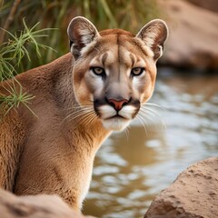 Obraz premium Potrait of beautiful Cougar searching a water source in the wild AI Generated Image