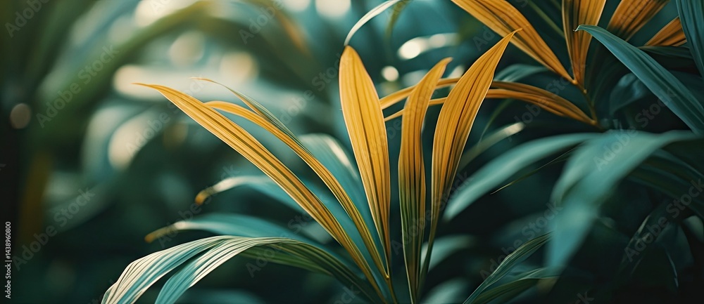 Poster close-up view of vibrant green leaves with intricate patterns. illuminated by soft sunlight. creatin