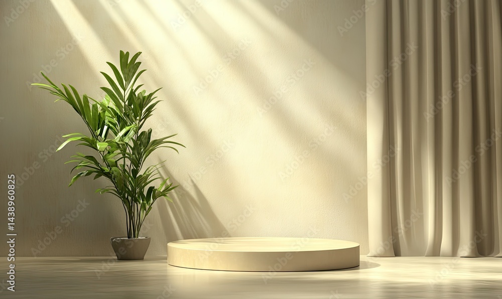 Poster a serene interior scene featuring a minimalist display platform with soft lighting. accompanied by a