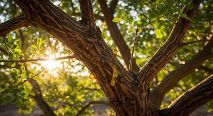 Obraz premium Tree Bark with Resin and Leaves in Sunlight