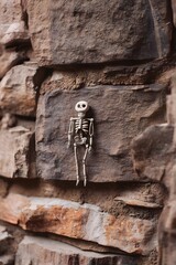 Small Cartoon Skeleton on Weathered Stone Wall