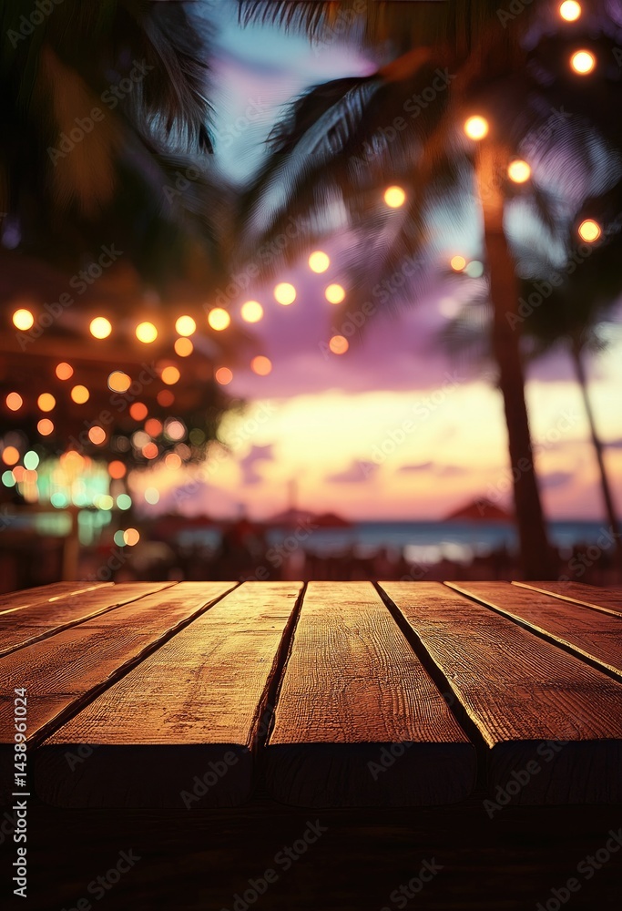 Poster a serene beachside scene at dusk. featuring a wooden table in the foreground. illuminated by colorfu
