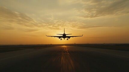 Silhouette of a jet airplane taking off at sunset over a runway.