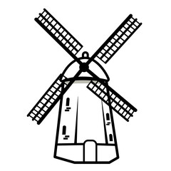 Hand drawn sketch of a traditional windmill, vintage outline illustration for coloring pages and educational materials
