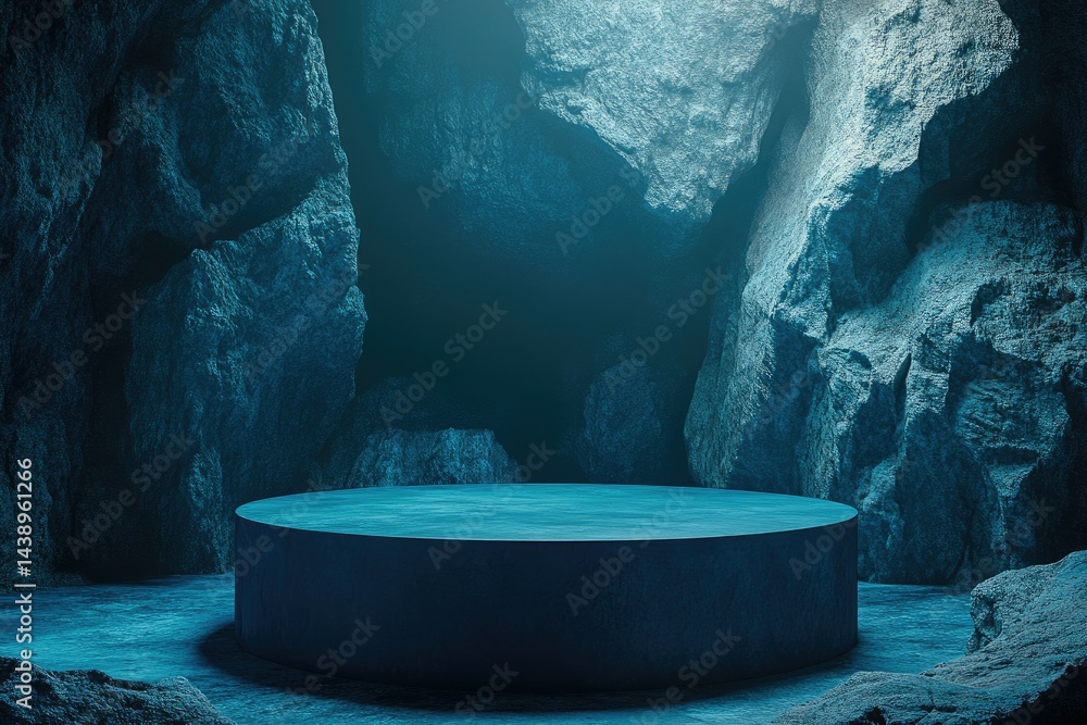 Poster a serene underground cave featuring a circular marble platform surrounded by rugged rock formations.