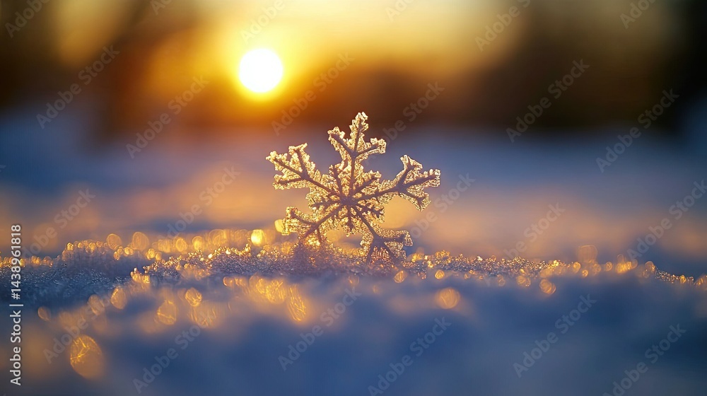 Poster a close-up of a delicate snowflake resting on a snowy surface. illuminated by the warm glow of a sun