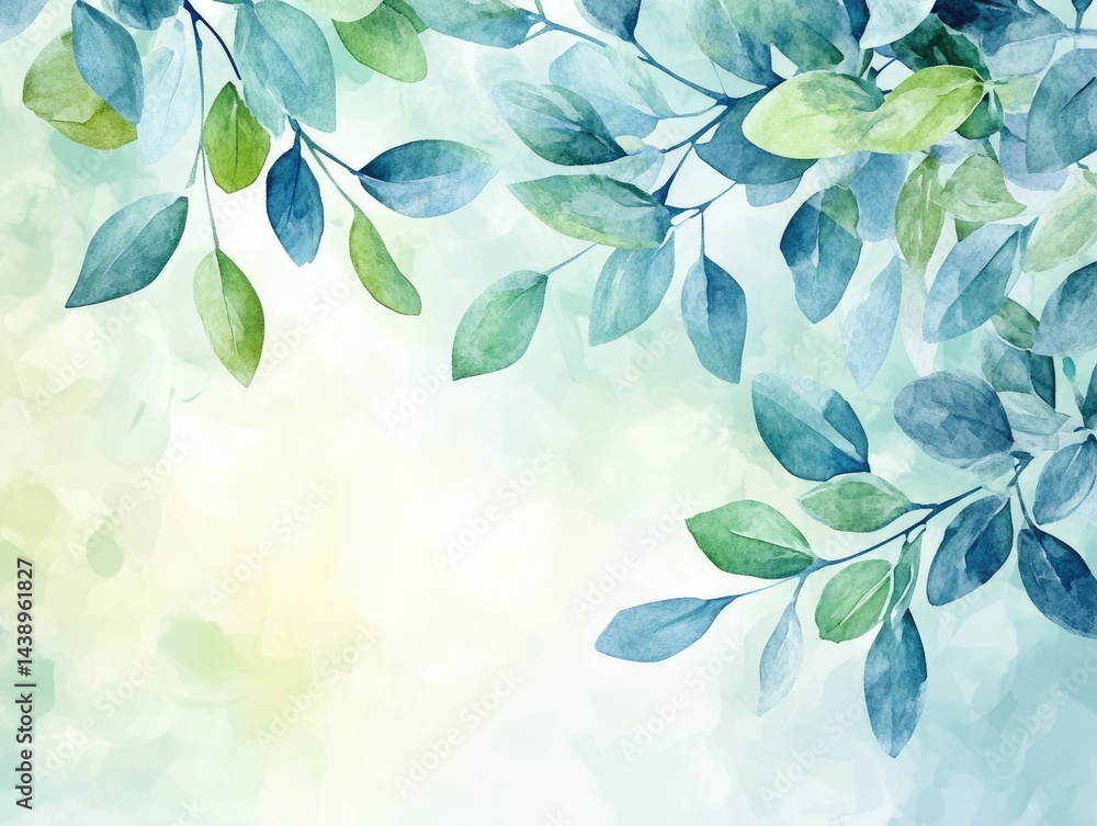 Poster a serene abstract background featuring soft blue and green hues with delicate leaves. creating a cal