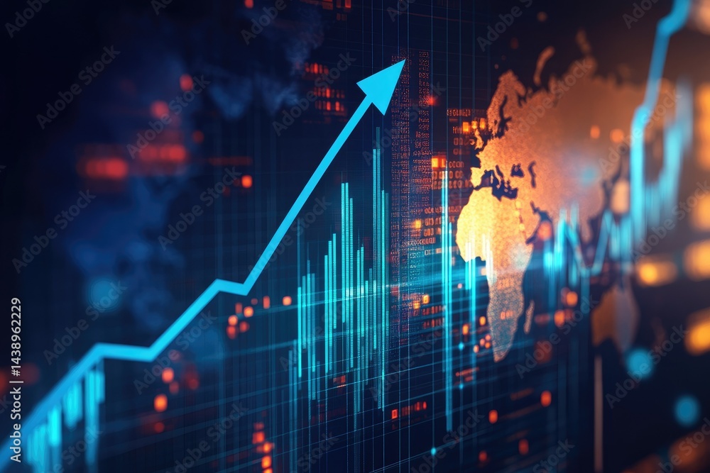 Poster a digital representation of a global financial market with an upward trend. showcasing data analytic