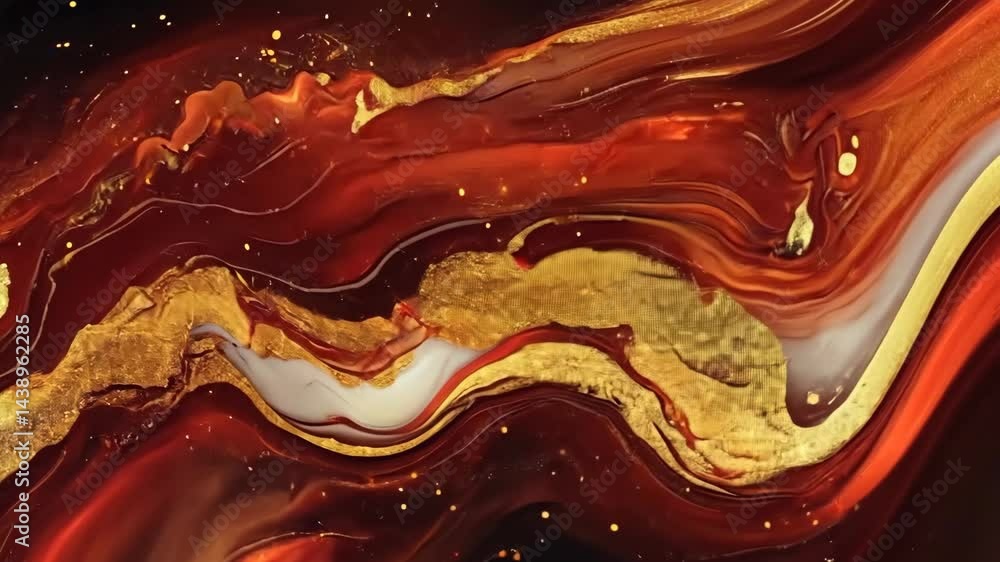 Poster dynamic swirls of red and gold ink creating abstract flowing patterns