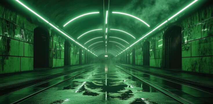 A mysterious underground tunnel illuminated by glowing neon arches. with a reflective water surface and fog creating an eerie atmosphere. suggesting a futuristic or sci-fi setting