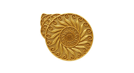 Golden Fibonacci Spiral Shell with Intricate Ornamentation on a White Backdrop