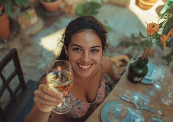 A vintage-style scene of a woman enjoying wine and food at an outdoor table, with people clinking glasses in celebration during the summer season