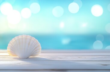 Close-up of a beautiful white seashell on the beach with a blurred blue sea and sky background, a summer vacation concept