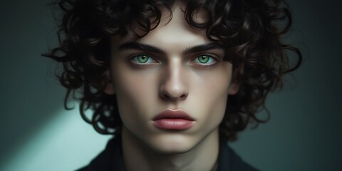 Fototapeta premium Close-up portrait of a young man with striking green eyes and curly dark hair, illuminated by natural light, showcasing intense gaze and strong facial features.