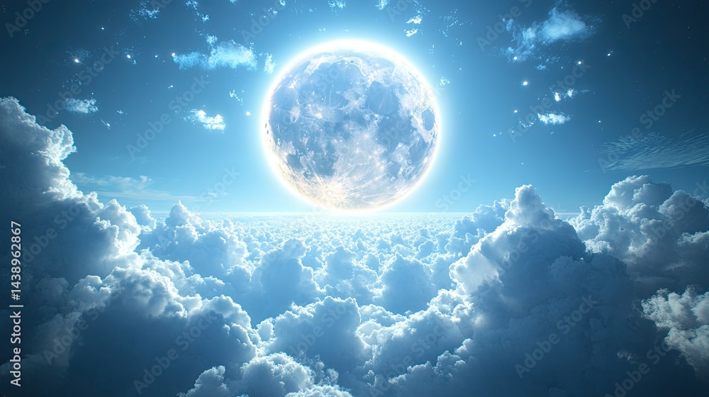 Poster a serene view of a large. luminous moon hovering above fluffy white clouds under a bright sky. creat