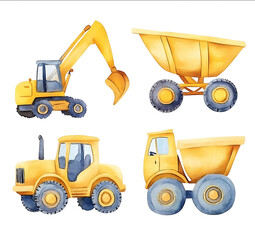 Watercolor construction vehicles a bulldozer a backhoe truck and a cement mixer These cutouts are perfect for kids birthday party decorations on a white background