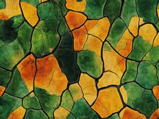 A vibrant. abstract representation of cracked earth showcasing a blend of green. yellow. and orange hues. symbolizing drought or climate change. ideal for environmental awareness projects