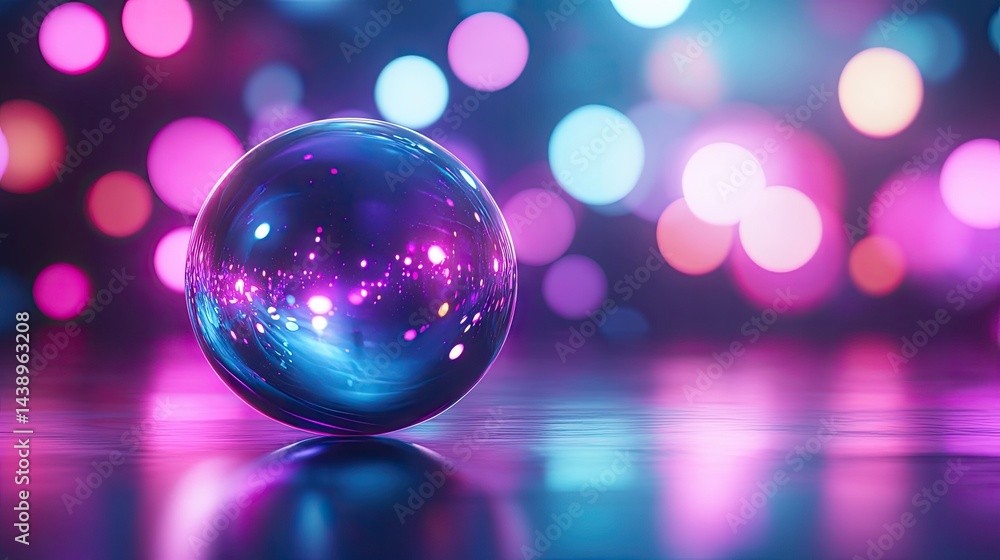 Poster a vibrant. reflective sphere sits on a glossy surface. surrounded by colorful bokeh lights that crea