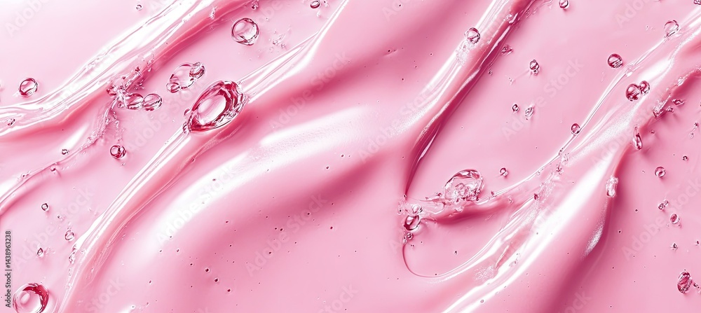 Poster a close-up view of translucent gel-like textures flowing over a soft pink background. creating a soo