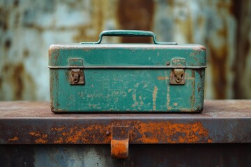 Rusty, green metal toolbox sits on a weathered surface.