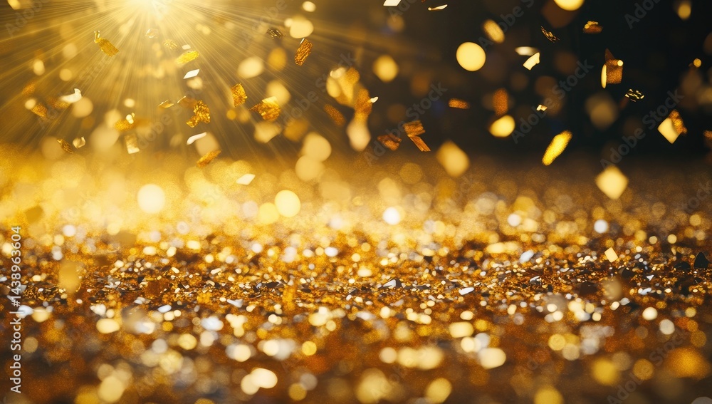 Poster a shimmering golden background with sparkling confetti and light rays. creating a festive atmosphere