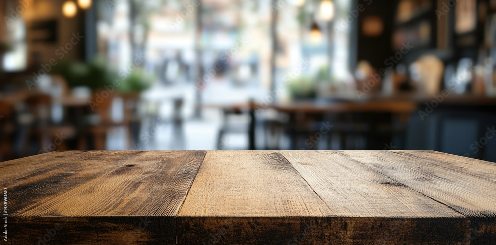 Poster a rustic wooden table in a cozy caf? setting. illuminated by warm lights. showcasing a vibrant atmos