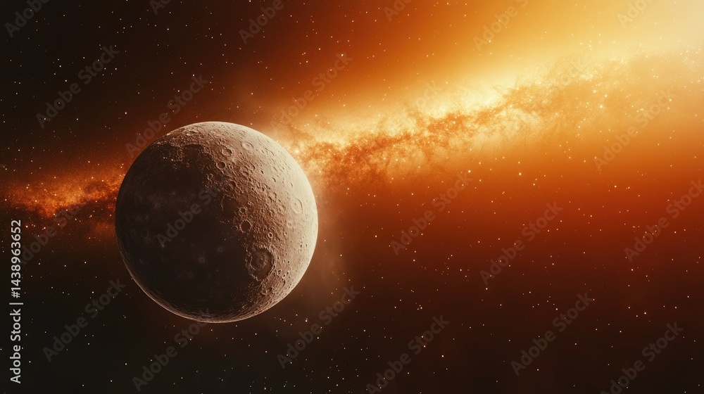 Poster a stunning view of a full moon illuminated against a backdrop of swirling cosmic clouds and distant 