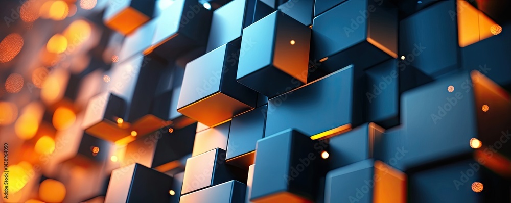 Poster a dynamic arrangement of glowing orange and black cubes. creating a visually striking abstract patte