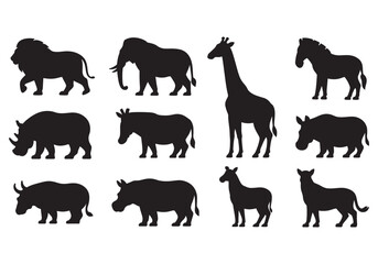 African wildlife silhouettes collection, lion, elephant, giraffe, rhino, buffalo, zebra, and savanna animals vector