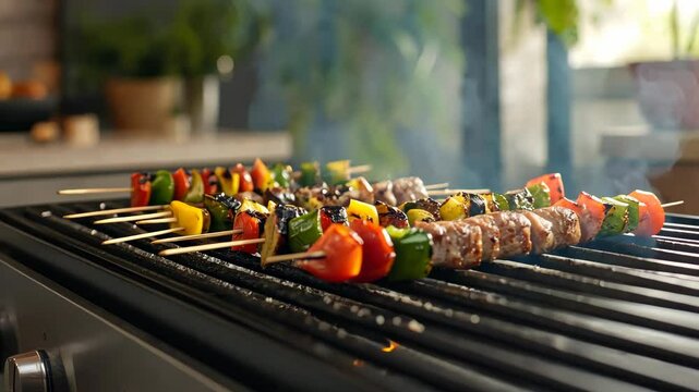 Delicious grilling skewers: fresh veggies and meat on outdoor bbq