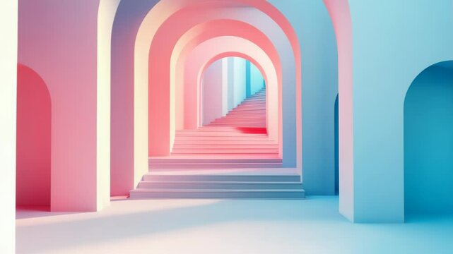 Pastel colored archways corridor illustration background art