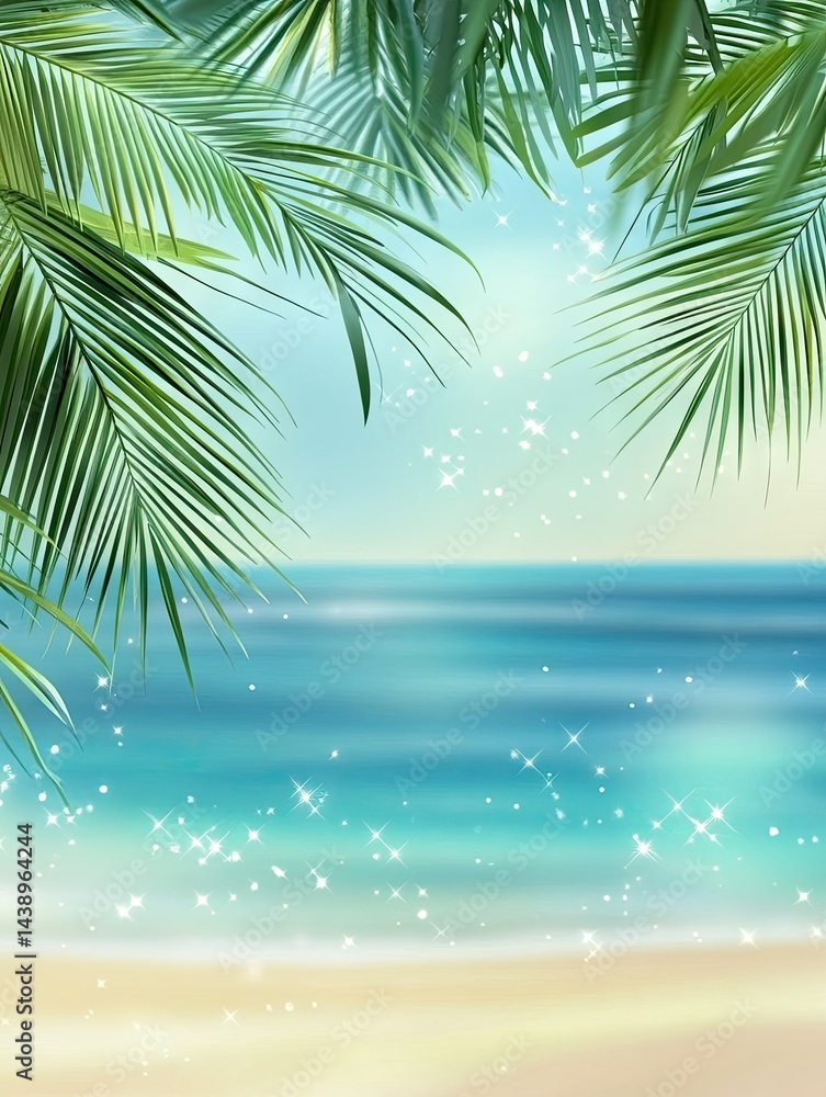 Poster serene tropical beach scene with gentle waves lapping at the shore. vibrant palm leaves framing the 